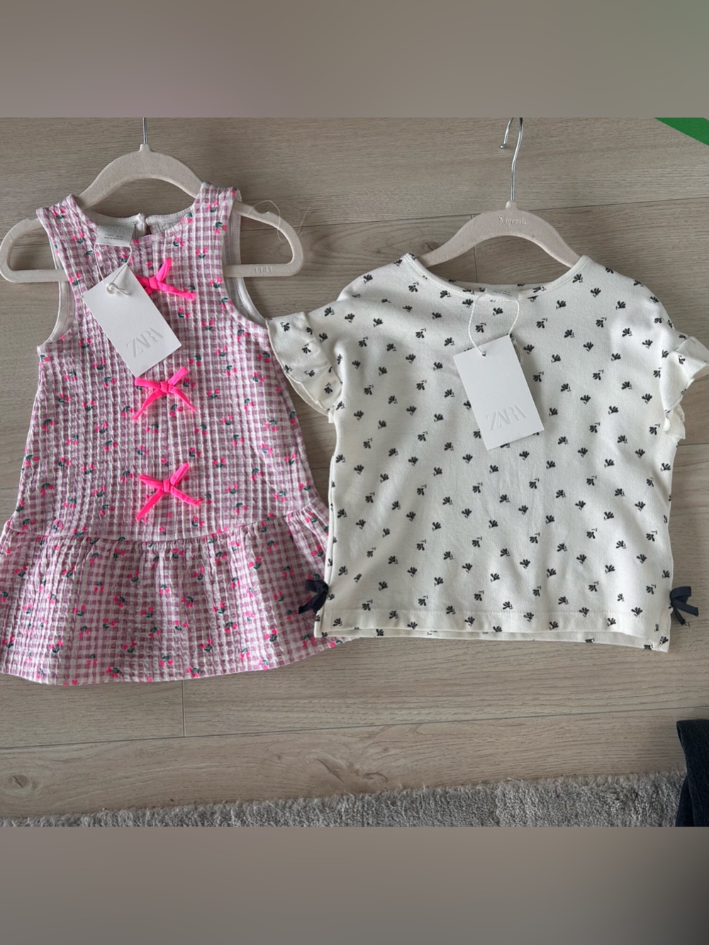 ZARA Girls Pink Gingham Dress with Cream Floral Short Sleeve Top 2T